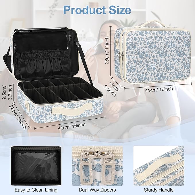 Relavel Makeup Case Large Makeup Bag Professional Train Case Travel Cosmetic Organizer Brush Holder Waterproof Makeup Artist Storage Box, 3 Layer Large Capacity, with Adjustable Strap, Floral Print