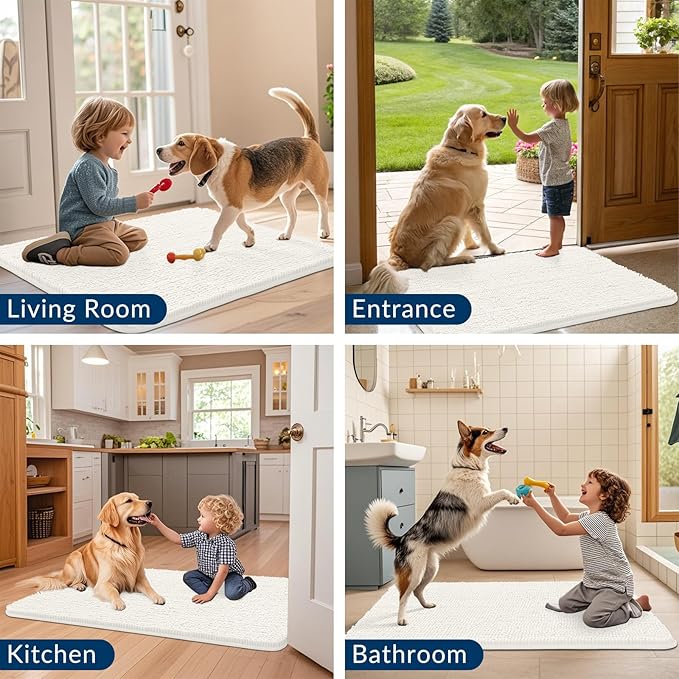 Smiry Dog Door Mat for Muddy Paws 70x24, Absorbs Moisture and Dirt Doormat, Non-Slip Washable Quick Dry Chenille Front Door Mat Indoor Entrance, Entryway Carpet for Inside Floor, Ivory