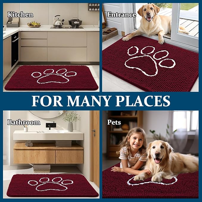 OLANLY Dog Door Mat for Muddy Paws 40x32, Paw Print Design, Absorbs Moisture and Dirt, Absorbent Non-Slip Washable Doormat, Quick Dry Chenille Mud Mat for Dogs, Entry Indoor Entryway Carpet, Burgundy