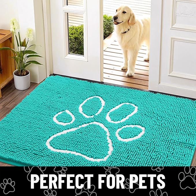 Smiry Dog Door Mat for Muddy Paws, Absorbent Dirt Trapper Non Slip Quick Dry Washable Chenille Mat for Mud Dogs, Entry Rug for Indoor and Outdoor (36x24 Inches, Turquoise and White)