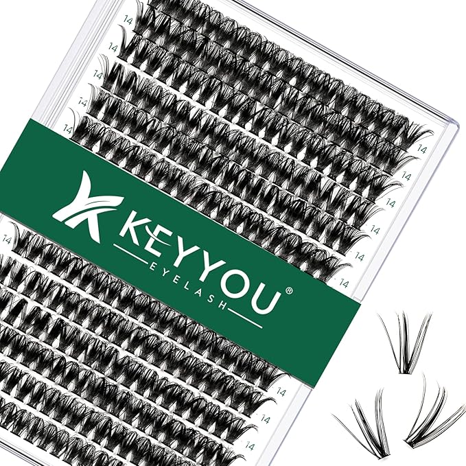 KEYYOU Lash Clusters 300pcs Individual Lashes 50D 0.07D Curl 14mm DIY Eyelash Extension Large Tray Volume Soft&Natural Cluster Lashes(50D-0.07D,14）