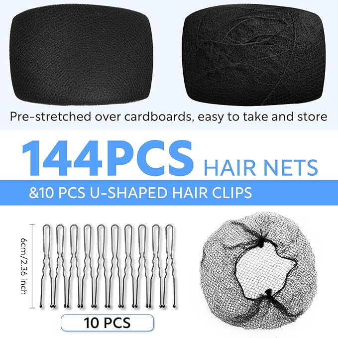 150Pcs Hair Net Black Set - 24 inches Invisible Elasticity Elastic Mesh Nylon Hair Net 144 Pcs - Kitchen Food Service Worker, Ballet Bun,with 10pcs U Shaped Hair Pins 2.4inch