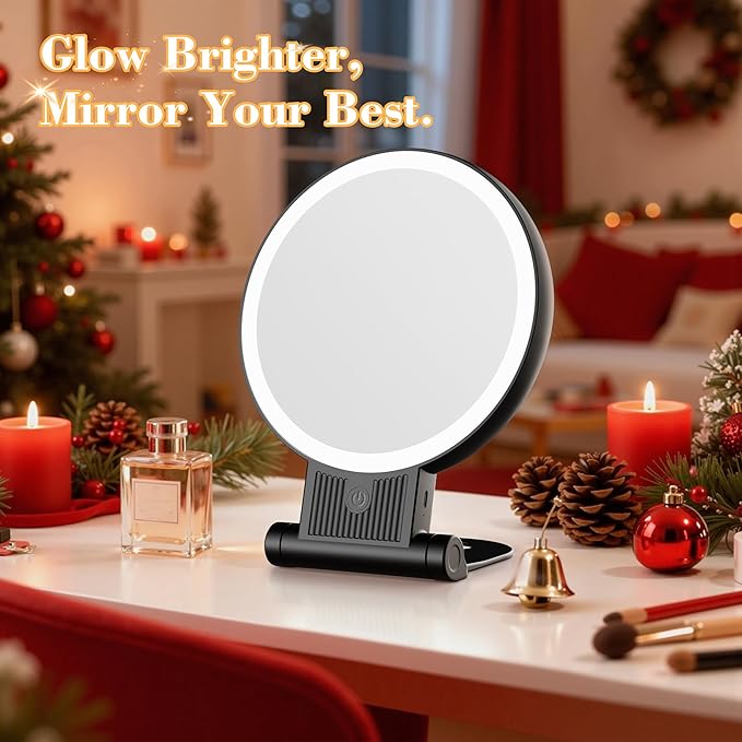 1X/30X Magnifying Mirror with Light, Double Sided Makeup Mirror with Adjustable 3 Color Light, 2000mAh Rechargeable Lighted Magnifying Mirrors with Tweezer, Foldable Travel Mirror with Rotation