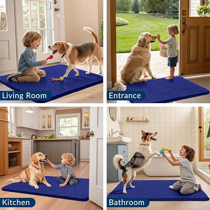 Smiry Dog Door Mat for Muddy Paws 36x24, Absorbs Moisture and Dirt Doormat, Non-Slip Washable Quick Dry Chenille Front Door Mat Indoor Entrance, Entryway Carpet for Inside Floor, Navy Blue