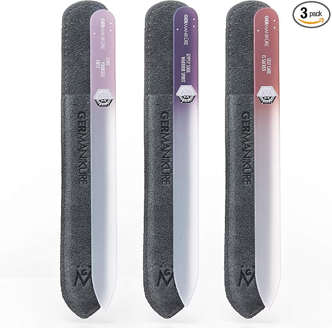 GERMANIKURE Czech Crystal Glass Nail File 3 Pack in Suede Sleeves - Professional Manicure & Pedicure Products for Smooth Easy Shaping of Natural Nails - Ideal Nail Care Gift