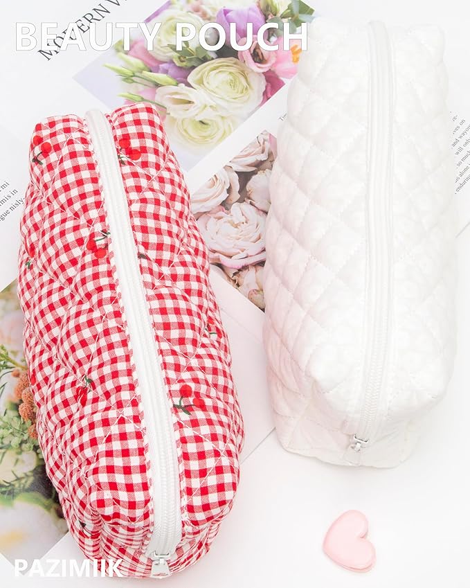PAZIMIIK Vintage Quilted Makeup Bag Cosmetic Pouch for Brushes Pencils and Travel Make Up Accessories for Women and Girls White