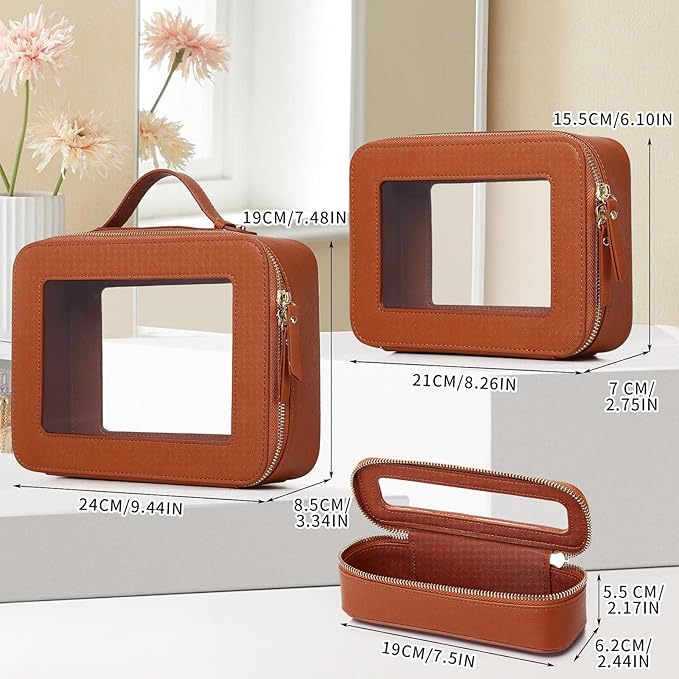 Travel Makeup Set Waterproof Transparent Cosmetic Bag and Toiletry Bag Makeup Brush case with Zipper Car Essentials for Women (Brown, L+M+SLIM)