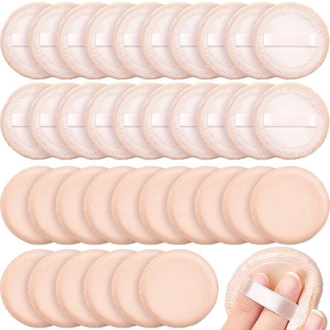 40 Pcs Cotton Powder Puffs Bulk Washable, 2.36 Inch Round Makeup Dusting Puff with Ribbon for Loose and Pressed Powder Face Body Cosmetic, Beige