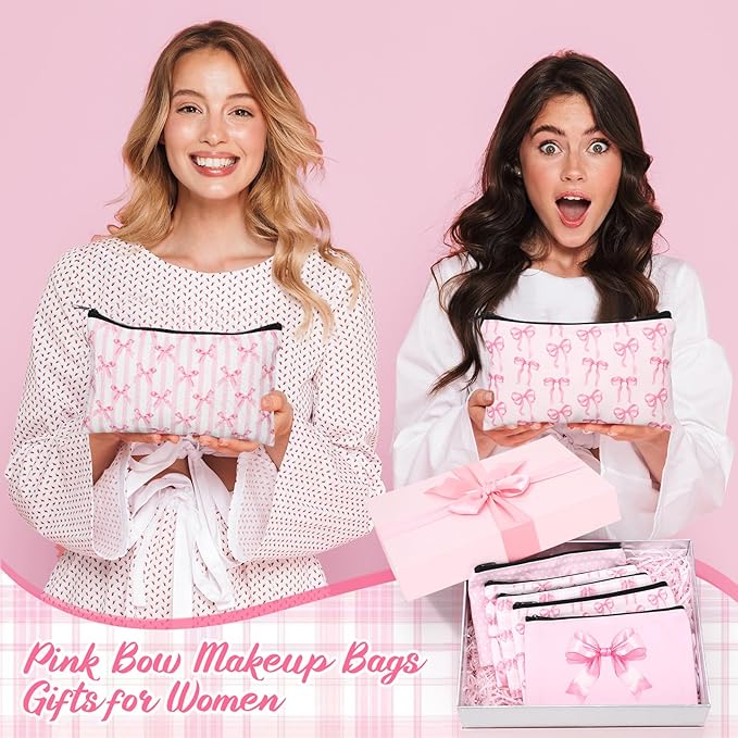 Reginary 20 Pieces Cosmetic Bag for Women, Roomy Makeup Bags with Zipper Toiletry Bag Pouch Travel Accessory Organizer Gifts, 7 x 4.3 Inches(Pink Bow)