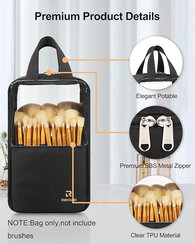 MONSTINA Makeup Brush Bag, Travel Makeup Brush Case Portable Large Makeup Brush Holder Marker Organizer Pro Makeup Artist Bags Sets Clear Cosmetic Bags Dust-Proof