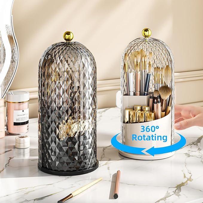 Dustproof Toothbrush Holder with Lid, 360 Rotating Countertop Electric Toothbrush Toothpaste Holders with Cover for Bathroom, 3 Slots Makeup Brush Holder with Lid for Vanity, Clear