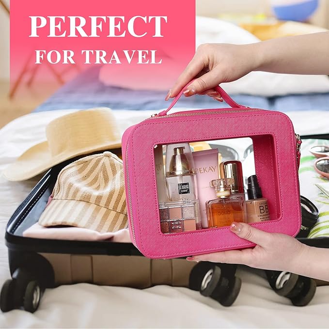 Clear Travel Makeup Bag with Brush Bag Portable Transparent Cosmetic Bag and Toiletry Bag Waterproof Clear Makeup Bag with Zipper Car Bag for Women (Fuxia, L+Slim)