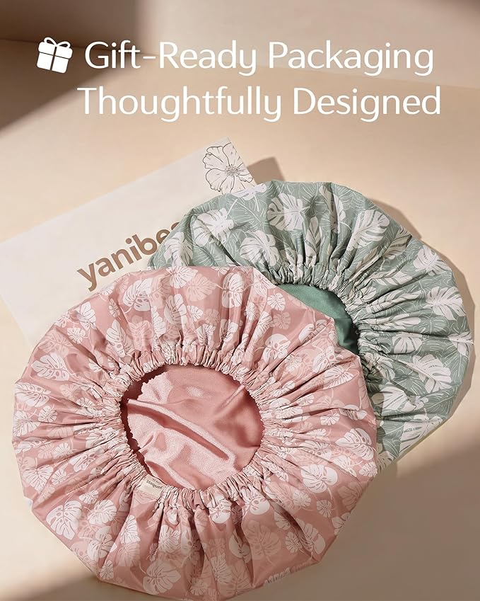 Yanibest Satin Lined Shower Cap for Women Reusable Waterproof, Frizz Free & Large Bath Cap with Soft Elastic Band, Luxury Hair Protection Caps (Pink Leaves)