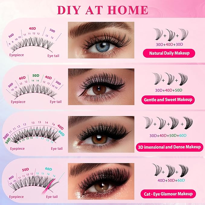 Waltz Lash Clusters Kit Lash Clusters Lashes D Curl Eyelash Clusters Natural Lash Extension Kit Fluffy False Eyelashes DIY at Home with Bond and Seal