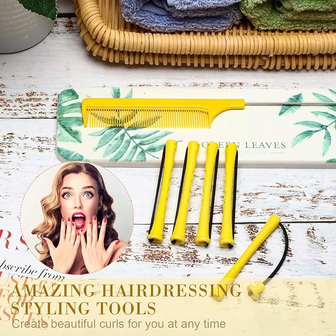 WILLBOND 96 Pcs Hair Perm Rods Plastic Cold Wave Perming Rod for Short Long Hair Curlers Heatless Roller with 2 Steel Pintail Rat Tail Comb for Hairdressing Styling Tool(0.28 Inch/ 0.7 cm,Yellow)