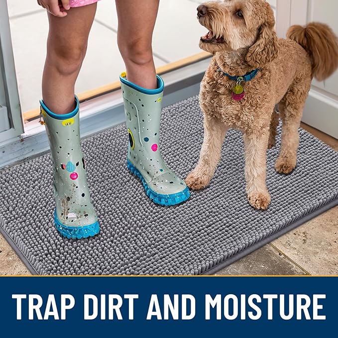 Smiry Dog Door Mat for Muddy Paws 48x30, Absorbs Moisture and Dirt Doormat, Non-Slip Washable Quick Dry Chenille Front Door Mat Indoor Entrance, Entryway Carpet for Inside Floor, Grey