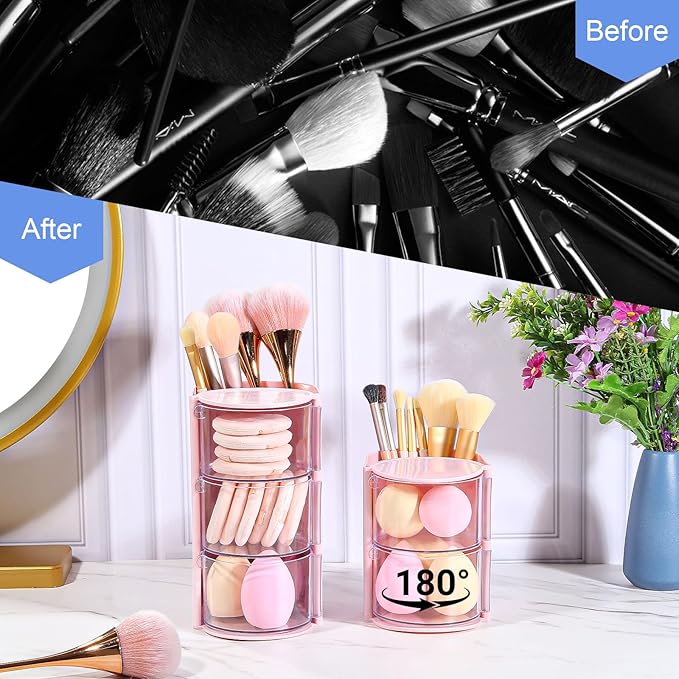 DASITON 3-Layer Makeup Brush Holder with Hair Accessories Organizer, Rotatable Desktop Organizer Case for Hair Clip, Makeup Sponge, Jewelry and Hair Accessories, Hair Brush Holder for Vanity (Pink)