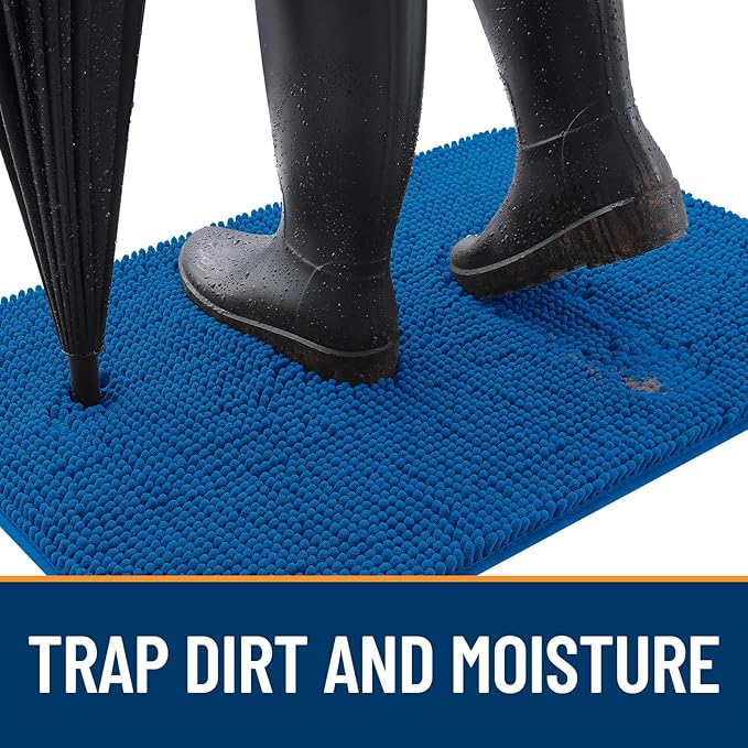 OLANLY Dog Door Mat for Muddy Paws 30x17, Absorbs Moisture and Dirt, Absorbent Non-Slip Washable Doormat, Quick Dry Chenille Mud Mat, Entry Indoor Entryway Carpet for Inside Floor, Deep Navy Blue
