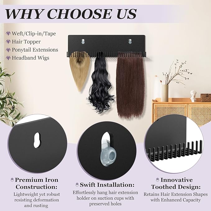 Hair Extension Hanger - Black Holder for Styling, Washing, Drying, Braiding, Display Rack for Clip-in, Wefts, Tape, Bundles, Hair Topper, Organizer/Storage