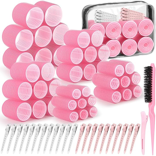 65 PCS Hair Curler Rollers with 5 Sizes Self Grip Hair Rollers for Long Medium Short Thick Fine Thin Bangs Volume Hair, Jumbo Curlers Rollers with Storage Bag Teasing Brush