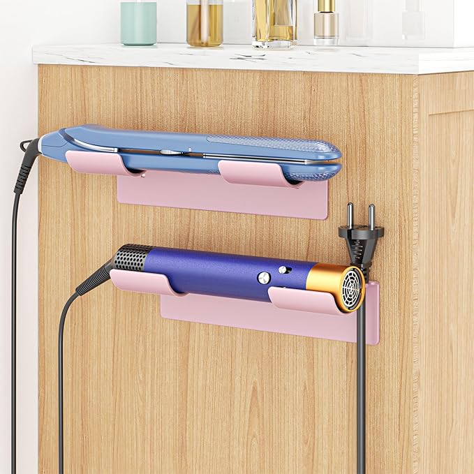 2 PCS Wall Mount Curling Iron Holder and Hair Tool Organizer with Adhesive, Multifunctional Hot Flat Iron and Hair Straightener Holder Storage Stand for Vanity, Cabinet and Wall, Rose Gold