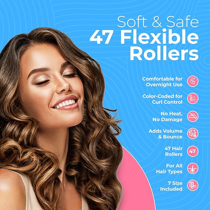 My Beauty Spot Flexi Rod Rubber Rollers - 47 pc. Salon Quality Overnight Hair Rollers for Medium to Long Hair - 7 Sizes for Tight Curls or Loose Waves, Damage Free, Heatless Curls Overnight
