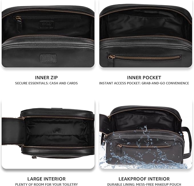 LEATHER VILLAGE Genuine Leather Toiletry Travel Pouch With Waterproof Lining - Black | King-Size Handcrafted Vintage Dopp Kit Bag, Shaving & Bathroom Organizer, Gift for Men & Women