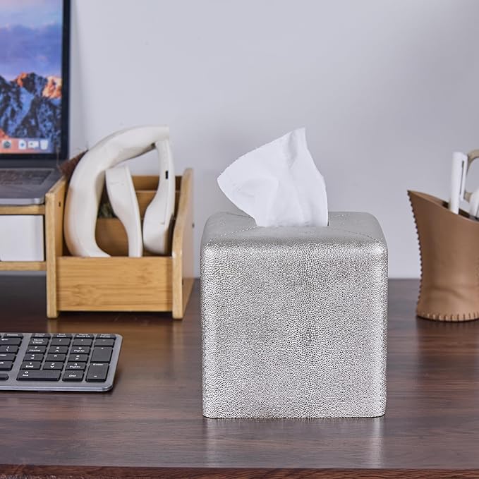 Silver Square Tissue Box Cover,Resin Heavy Sturdy Tissue Box Holder, Facial Paper Holder for Bathroom Vanity Countertop,Bedroom Night Stand,Office and End Table