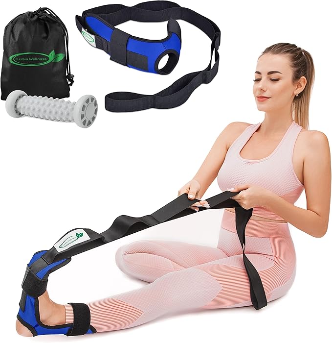 Foot & Calf Stretcher for Plantar Fasciitis, Includes Foot Massage Roller, Achilles Tendinitis, Foot Drop, Yoga Foot & Leg Stretching Strap