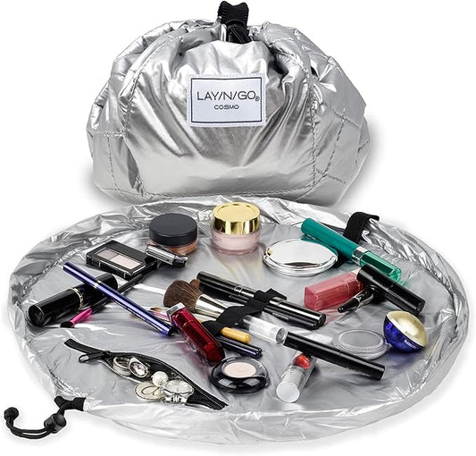 Lay-n-Go Cosmo Layflat Drawstring Cosmetic & Makeup Bag Organizer - Portable Drawstring Makeup Bag w/Zipper Pocket, Makeup Loops & More -Durable, Machine Washable Toiletry Bag (20", Metallic Silver)