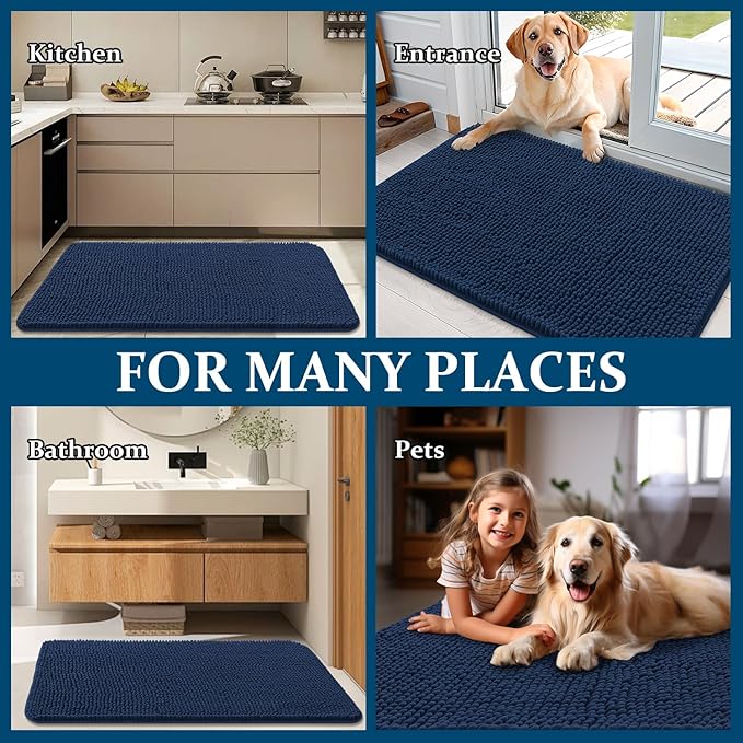 OLANLY Dog Door Mat for Muddy Paws 47x32, Absorbs Moisture and Dirt, Absorbent Non-Slip Washable Doormat, Quick Dry Chenille Mud Mat for Dogs, Entry Indoor Entryway Carpet for Inside Floor, Dark Blue