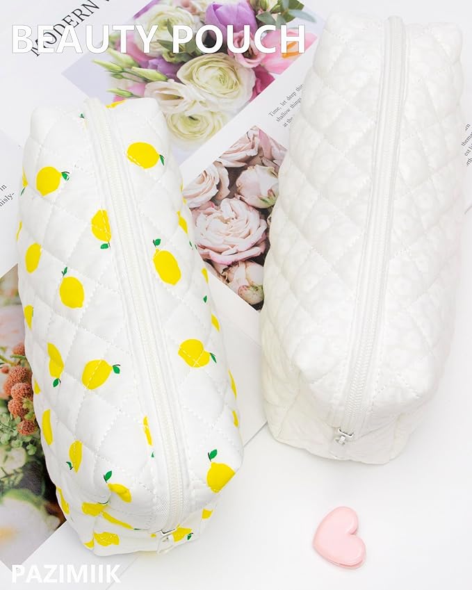 PAZIMIIK Vintage Quilted Makeup Bag Cosmetic Pouch for Brushes Pencils and Travel Make Up Accessories for Women and Girls Lemon White