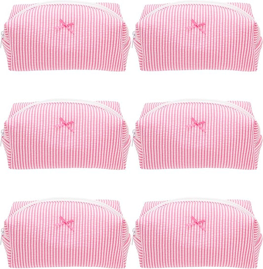 PAZIMIIK 6PCS Cozy Makeup Bag Small Aesthetic Travel Zipper Cosmetic Pouch for Women Make Up Beauty Accessories Brushes, Stripe Hotpink