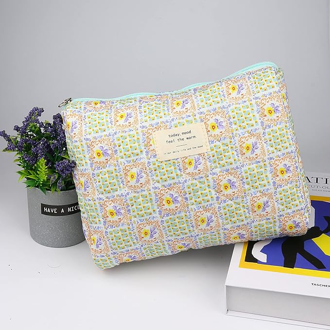 VIWIME Makeup Cosmetic Bag, Large Cotton Quilted Travel Coquette Aesthetic Cute Floral Make up Bag for Women Toiletry Bag Organizer (107- Grid / 2Pcs)