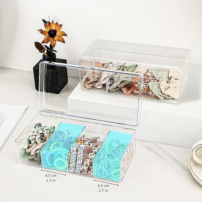 JessLab Hair Accessories Organizer for Girls, Acrylic Hair Bow Tie Clip Scrunchie Holder with Dividers, Clear Stackable Storage Box for Bathroom, Bedroom, Vanity Countertop, 1 Compartment