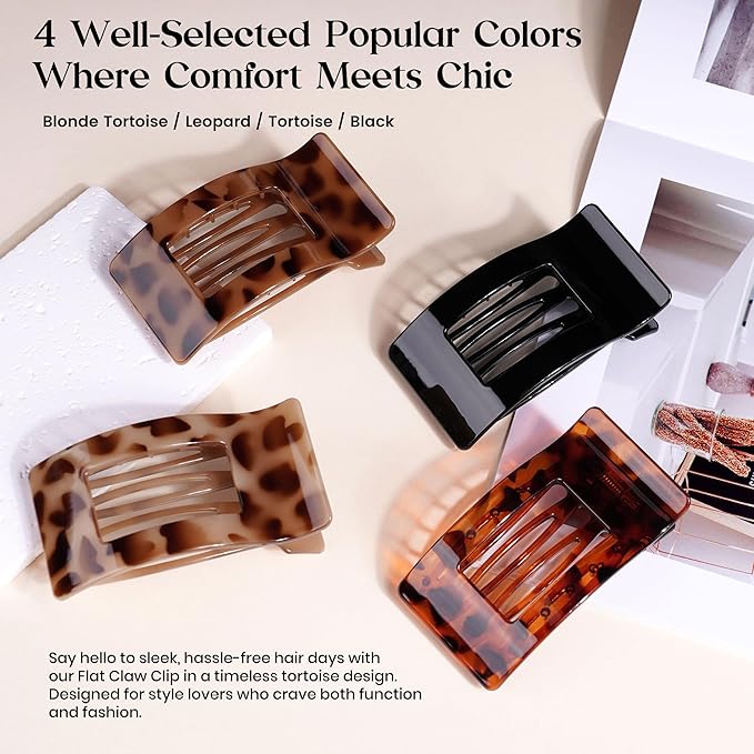 4 PCS Flat Hair Clips for Women Girls, French Square Lay Down Claw Clips for Thick Thin Hair, Comfortable Curved Large Flat Clip, Leopard Print Stylish Strong Hold Hair Accessories, Tortoise