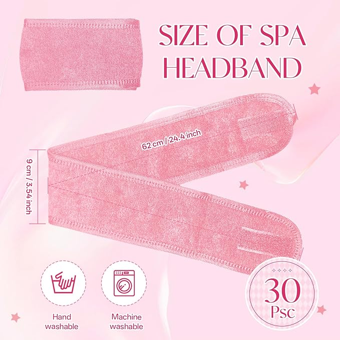 30 Pack Adjustable Spa Headband for Women Non-Slip Facial Hair Wrap for Washing Face, Makeup, Shower, Skincare, and Yoga (Pink, 30)