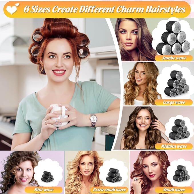 6 Size Hair Rollers for Women, 62 Pcs Rollers Hair Curlers for Long Medium Short Hair, Large Medium Small Self Grip Hair Rollers with 36 Rollers 24 Stainless steel Clips 1 Storage Bag