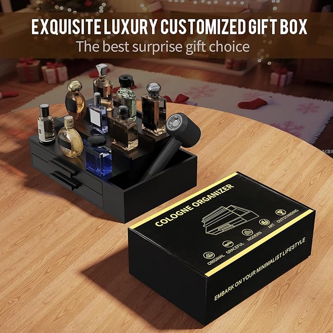 Cologne Organizer for Men,3 Tier Cologne Stand with 2 Drawer and Side Extended Storage Space,Wood Perfume Stand Organizer，Great Gift Packing Box for Men and Women-Black