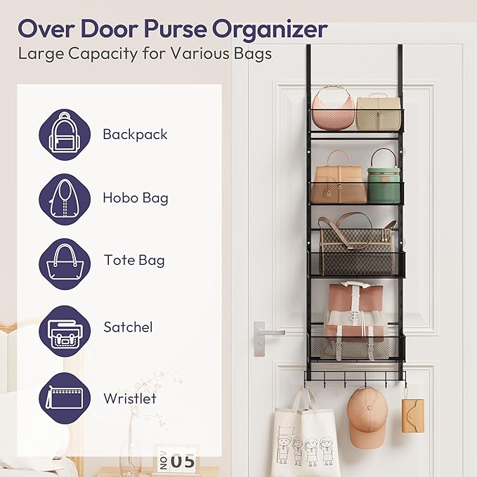 SWTYMIKI Over The Door Purse Organizer - Wall Mounted Purse Rack with 4 Adjustable Metal Basket and 6 Hooks, Hanging Bag Rack for Handbag Organizer, Bag Storage Can Use As 1/2 Part, for Door, Closet