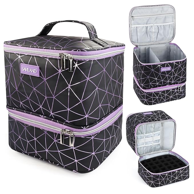 SAVILAND Nail Polish Organizer Bag: PU Leather Nail Kit Organizer Holds 30 Bottles & Nail Lamp, Black Nail Supply Organizer Nail Polish Carrying Case Gel Nail Organizers and Storage Box for Nail Tech