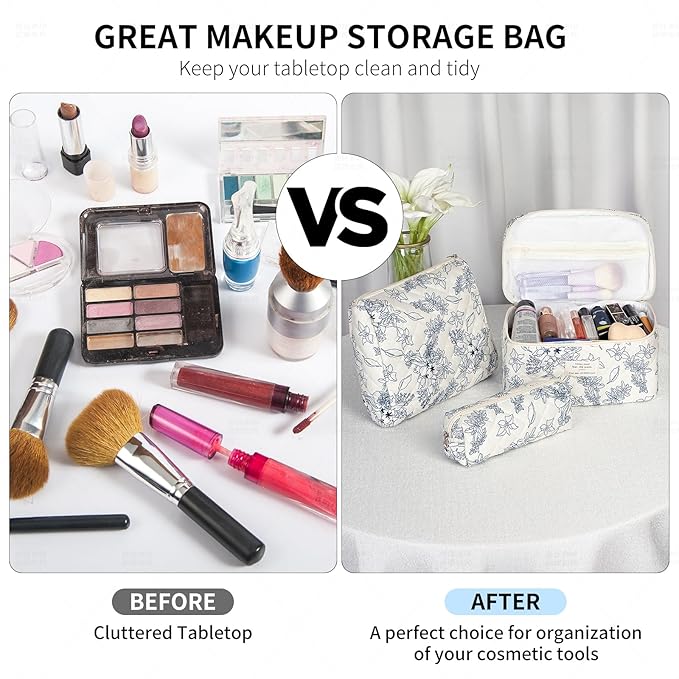 senbowe Floral Makeup Bag, 3 Pack Large Cotton Quilted Makeup Bag Set, Cute Floral Coquette Aesthetic Toiletry Bag Make Up Cosmetic Bag for Women, Toiletry Travel Make Up Organizer Bag