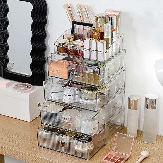 5-Tiers Makeup Organizer with Drawer for Vanity, Stackable Bathroom Storage Box for Beauty Essentials, Skincare Products, Cosmetic Brushes, Perfume Stand, Clear Lipsticks Holder