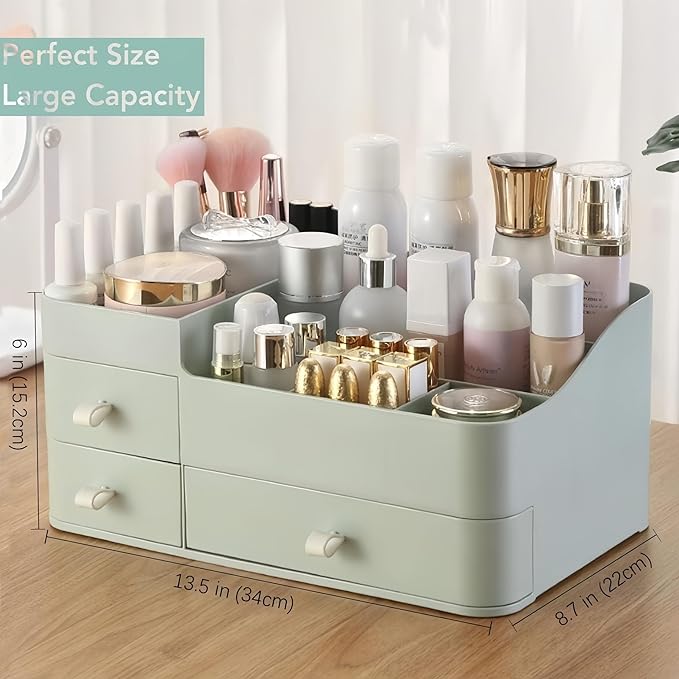 Makeup Organizer for Vanity, Large Countertop Organizer with Drawers, Cosmetics Storage for Skin Care, Brushes, Eyeshadow, Lotions, Lipstick,Nail Polish.Great for Dresser, Bathroom, Bedroom-Green