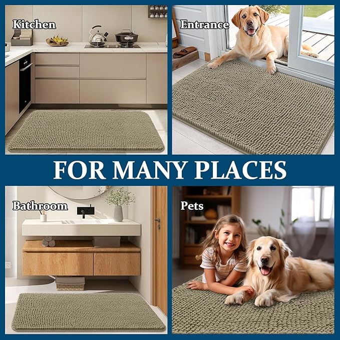 OLANLY Dog Door Mat for Muddy Paws 47x24, Absorbs Moisture and Dirt, Absorbent Non-Slip Washable Doormat, Quick Dry Chenille Mud Mat, Entry Indoor Entryway Carpet for Inside Floor, Warm Taupe