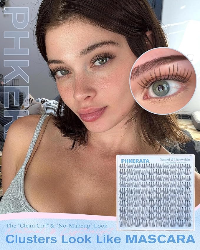 PHKERATA Natural Lash Clusters Manga Eyelash Clusters, Wispy C Curl Clusters Eyelash Extensions Invisible Clear Band, Korean Lashes Look DIY Lash Extensions, Fairy Pestañas Postizas Naturales