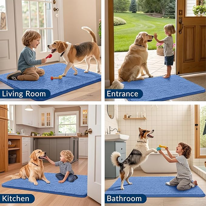 Smiry Dog Door Mat for Muddy Paws 36x24, Absorbs Moisture and Dirt Doormat, Non-Slip Washable Quick Dry Chenille Front Door Mat Indoor Entrance, Entryway Carpet for Inside Floor, Cornflower Blue