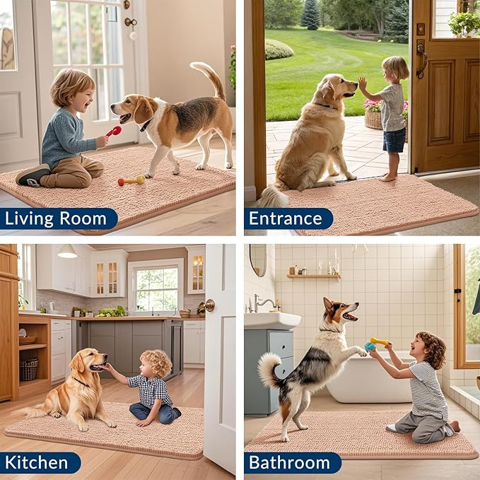 Smiry Dog Door Mat for Muddy Paws 59x24, Absorbs Moisture and Dirt Doormat, Non-Slip Washable Quick Dry Chenille Front Door Mat Indoor Entrance, Entryway Carpet for Inside Floor, Peach