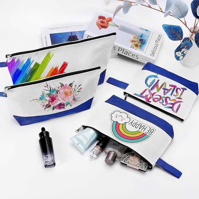 10 Pieces Cotton Canvas Makeup Bag with Bottom and Strap, Multi-Purpose Cosmetic Bag with Zipper Travel Toiletry Pouch, Blank DIY Craft Bag (White&Blue, S)