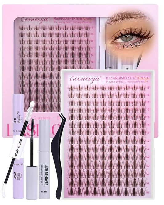 Geeneiya BROWN MANGA Lashes Clusters Kit DIY Lash Extension, 8-18MM Invisible Band Lash Clusters, Soft C Curl Cluster Eyelash Extensions Kit with Waterproof Lash Bond and Seal, Lash Remover, Tweezers